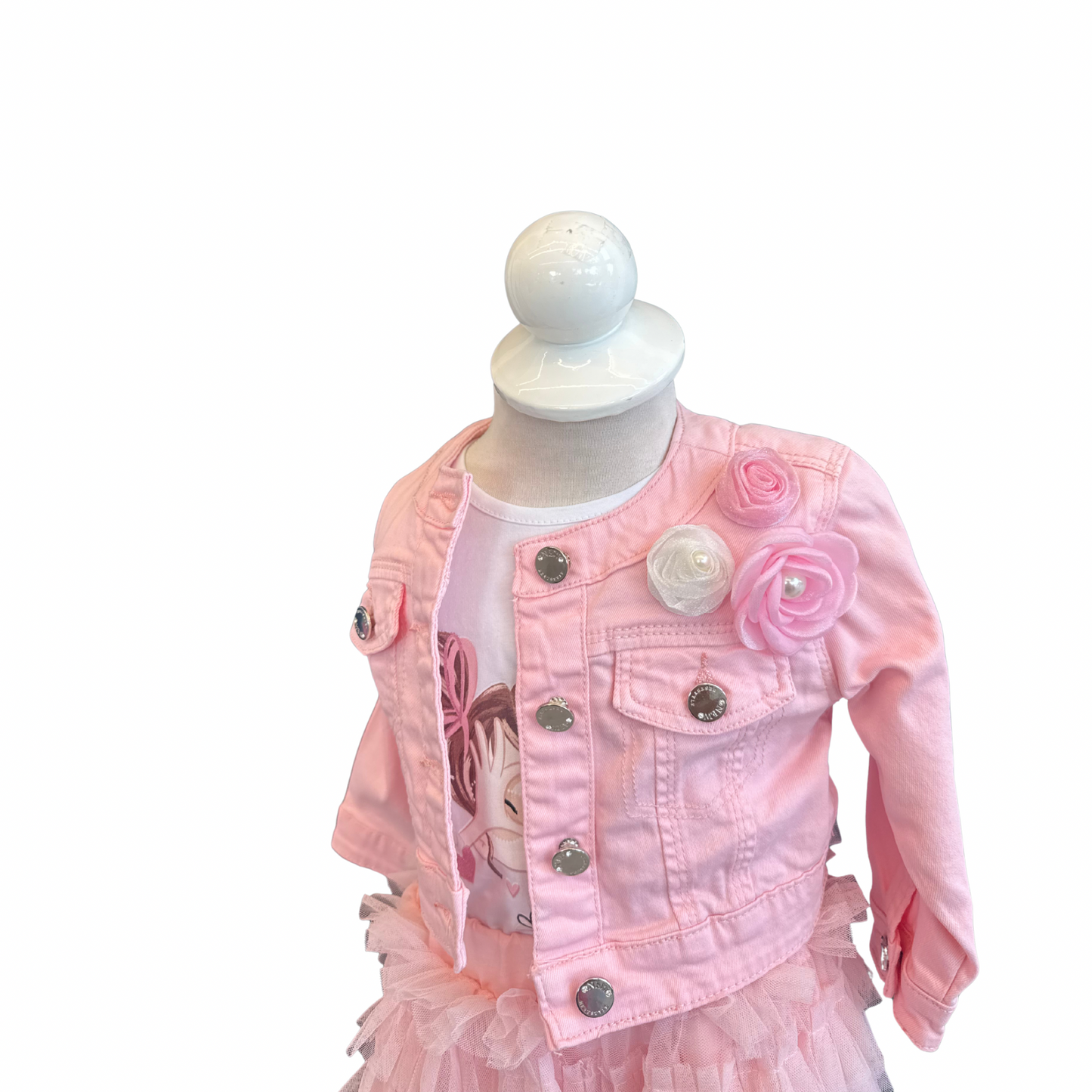 3-Piece Pink Tulle Set with Denim Jacket
