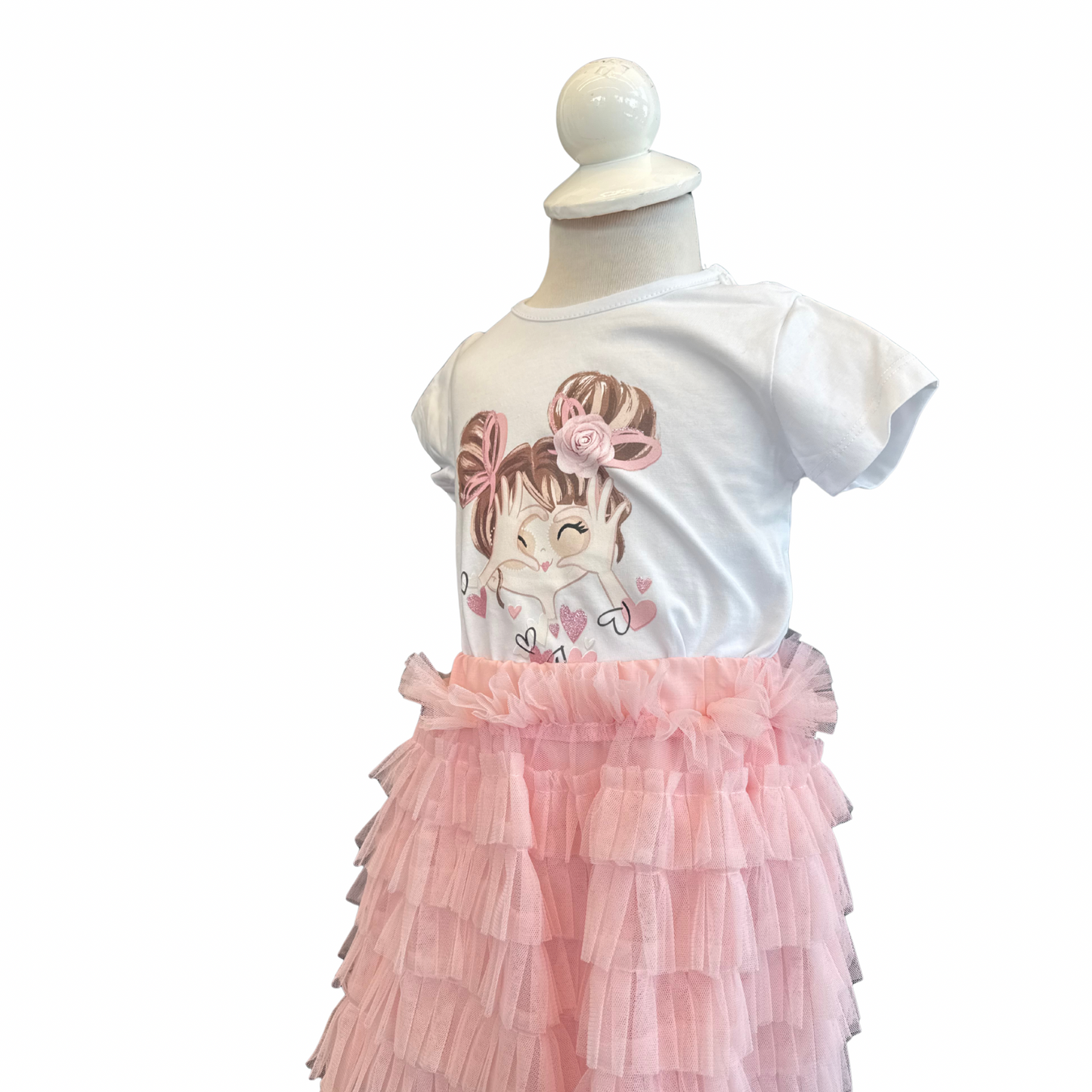 3-Piece Pink Tulle Set with Denim Jacket