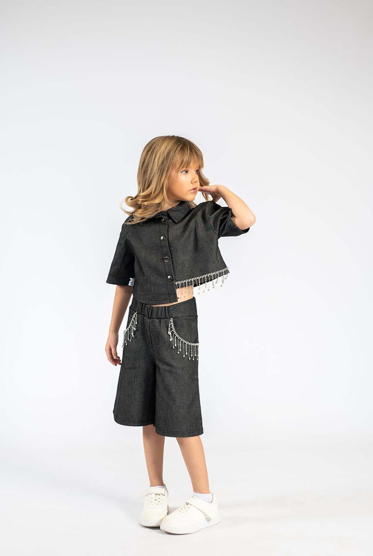 Black Denim Set with Crystal Fringe