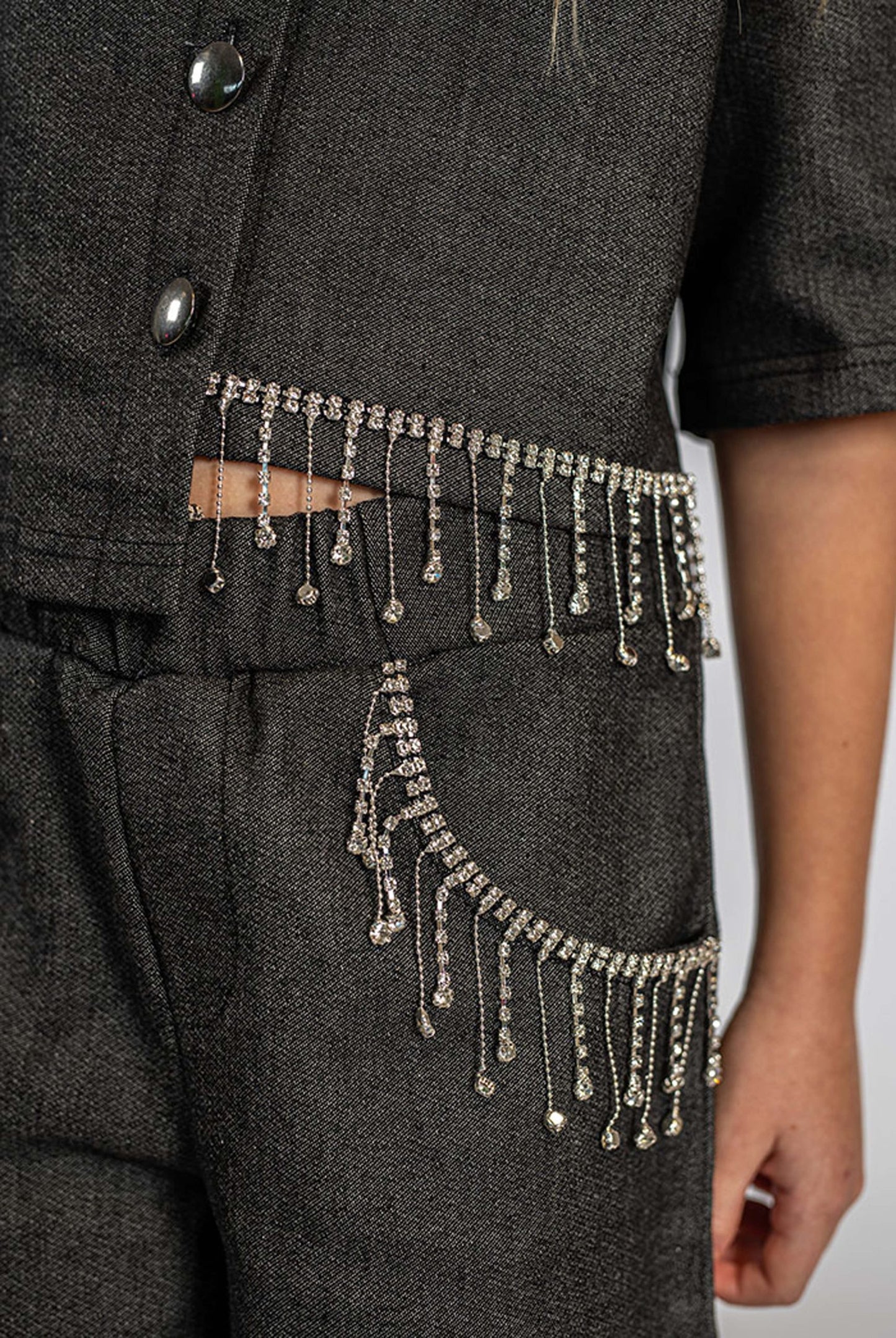 Black Denim Set with Crystal Fringe