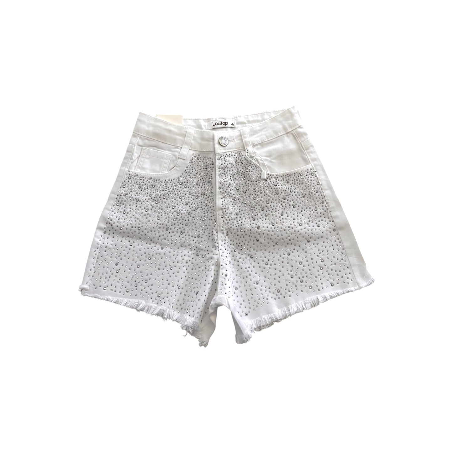 Girls' Denim Shorts with Studs – White & Pink