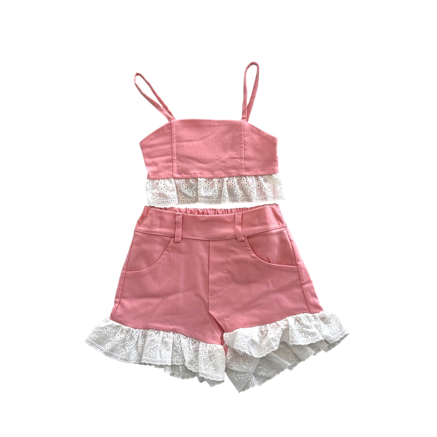 Girls' Summer Set with Lace – Denim Blue & Pink