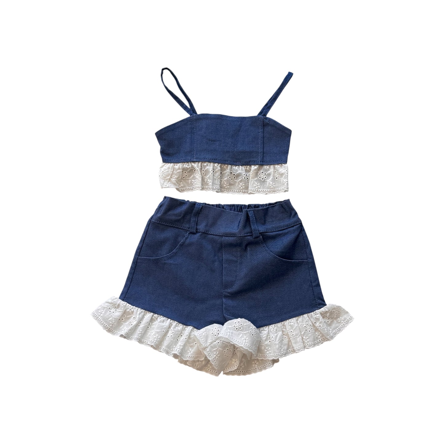 Girls' Summer Set with Lace – Denim Blue & Pink