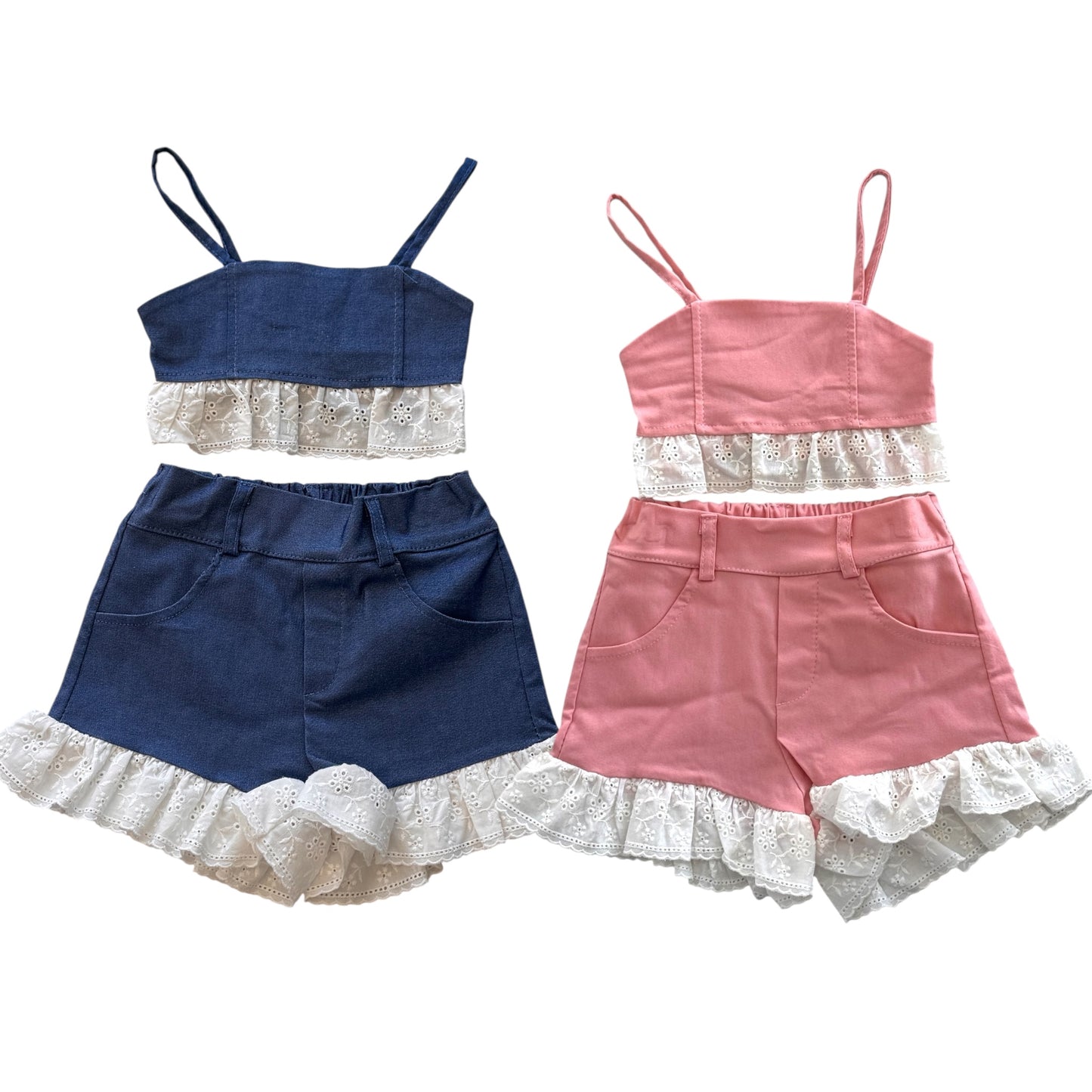 Girls' Summer Set with Lace – Denim Blue & Pink