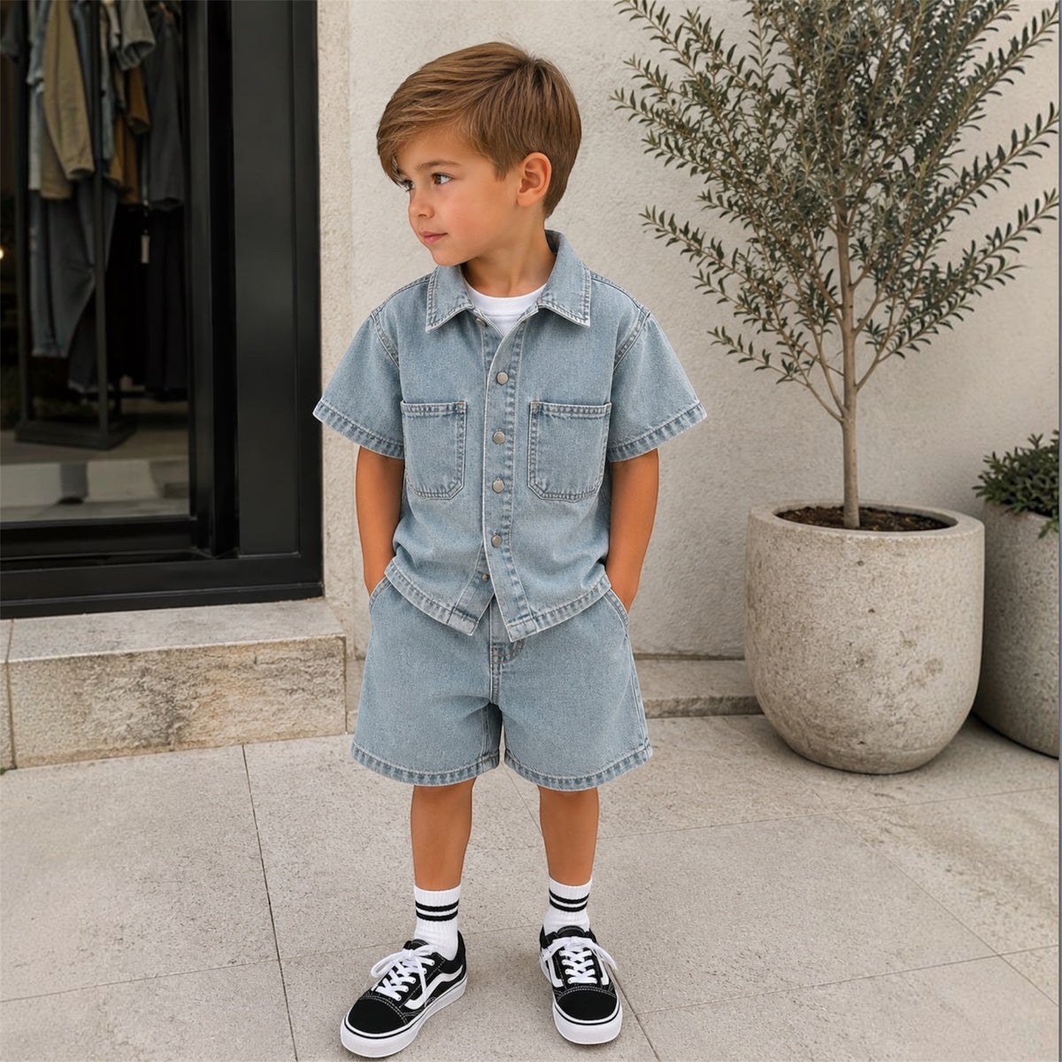 Boys Denim Shirt & Cargo Shorts Set
