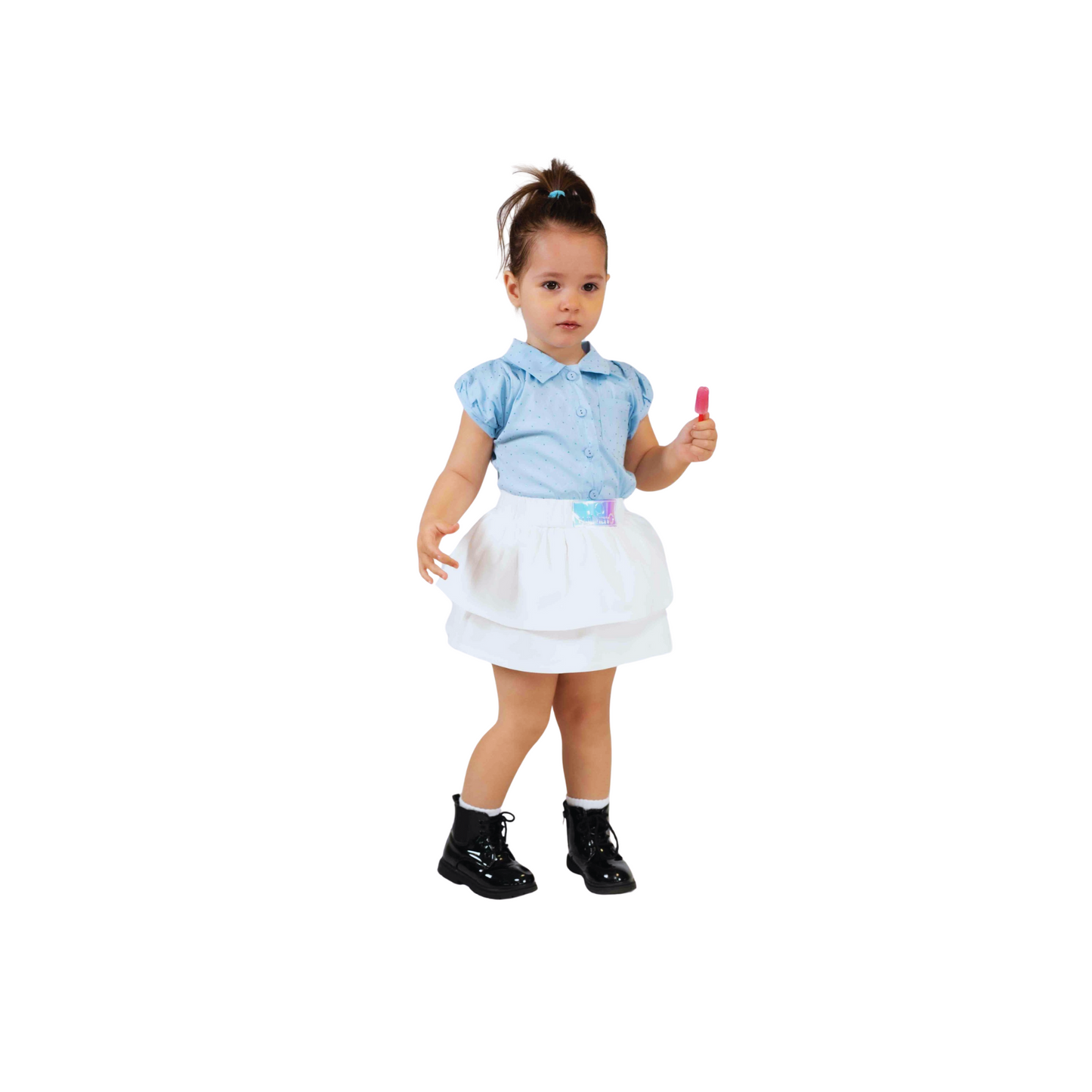 Girls' Shirt & Layered Skirt Set – Blue & White