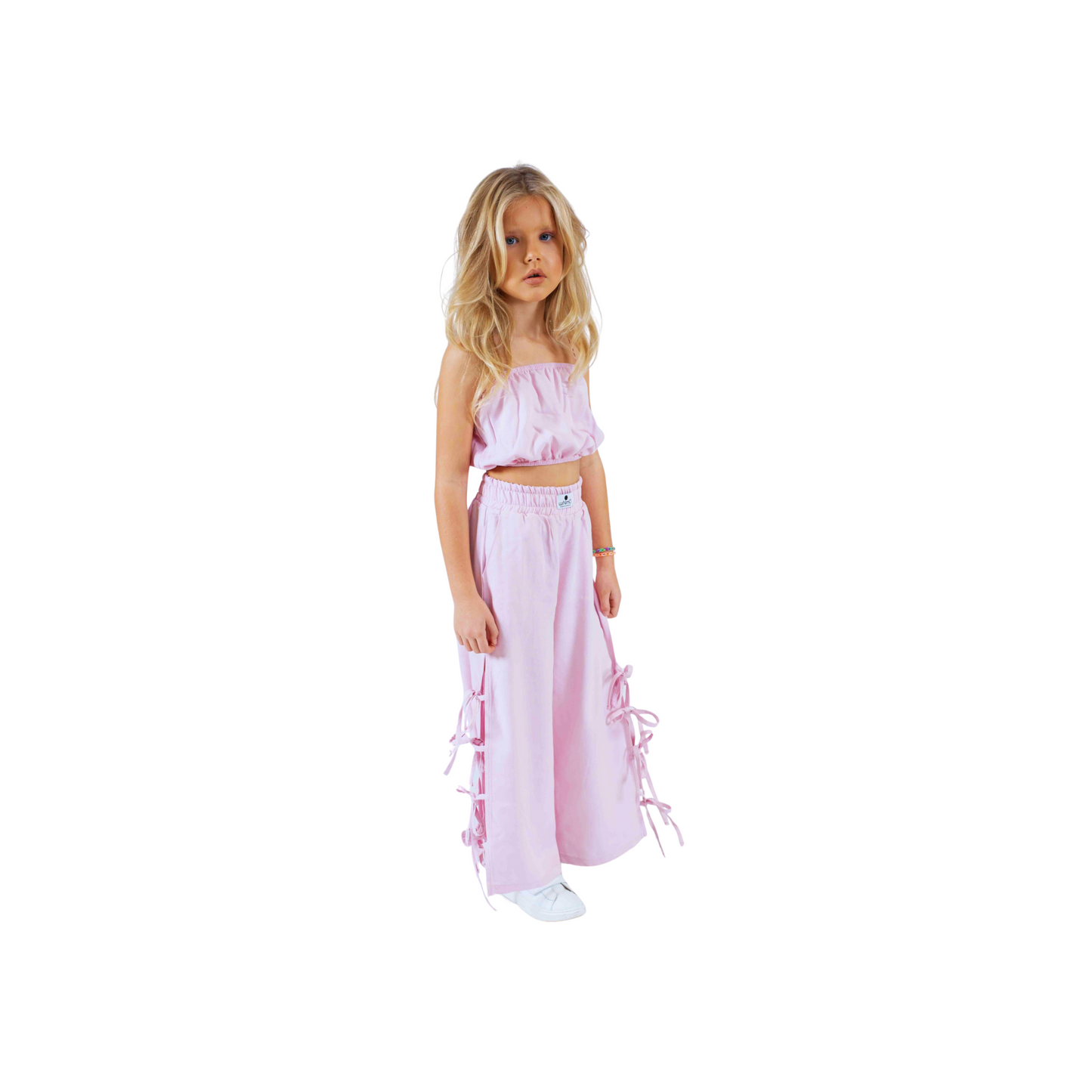 Girls' Set – Crop Top & Wide-Leg Pants with Bows – Pink & Beige