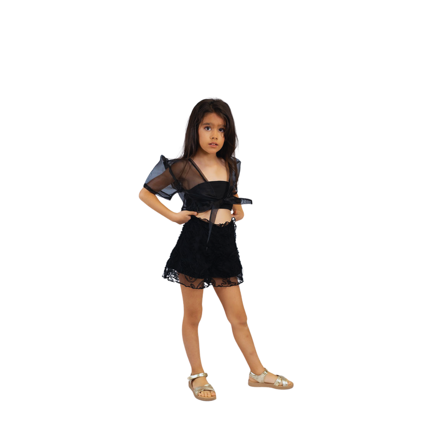 Girls' Black Set – Sheer Top & Textured Floral Shorts