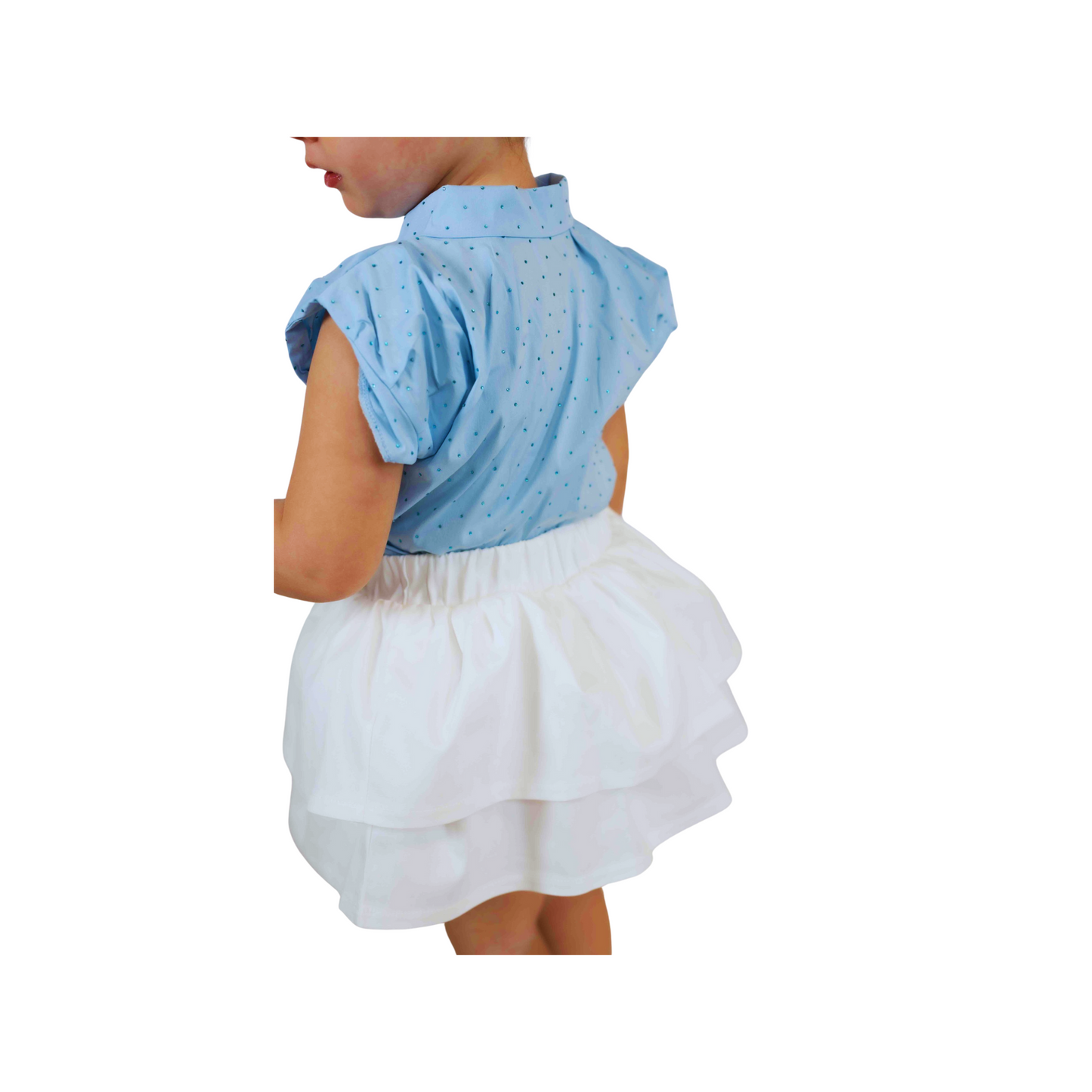 Girls' Shirt & Layered Skirt Set – Blue & White