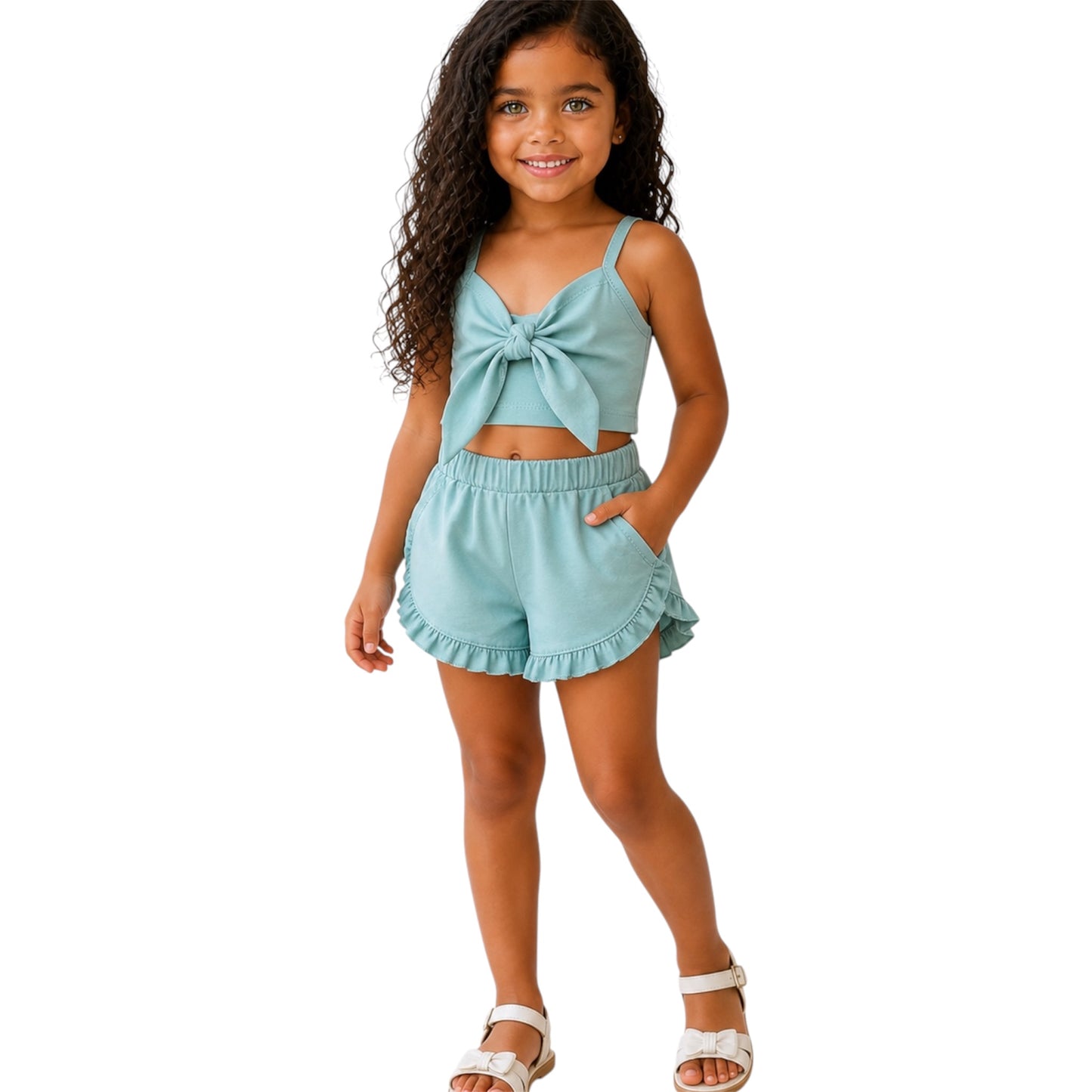 Girls Knot Crop Top & Ruffle Shorts Set