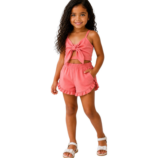 Girls Knot Crop Top & Ruffle Shorts Set