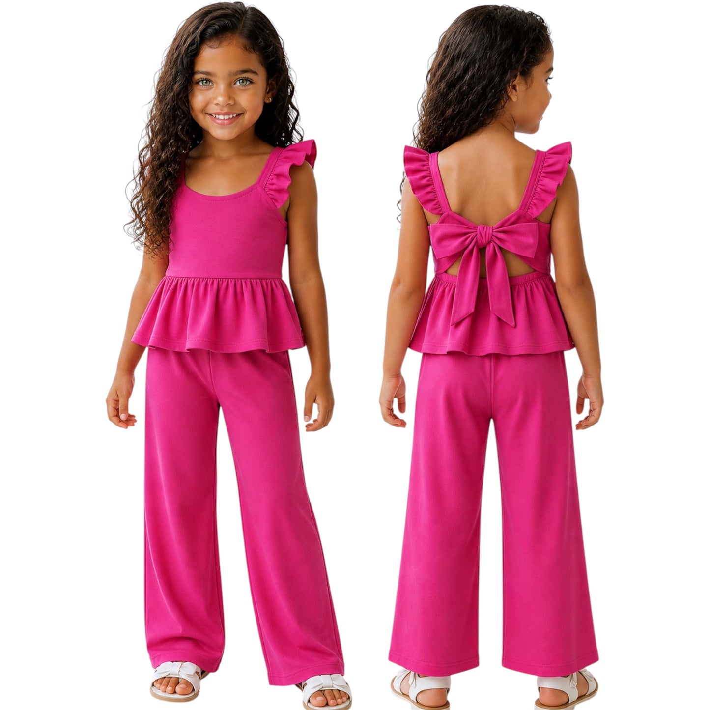 Girls Bow Back Top & Wide Leg Pants Set