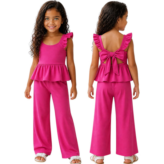 Girls Bow Back Top & Wide Leg Pants Set