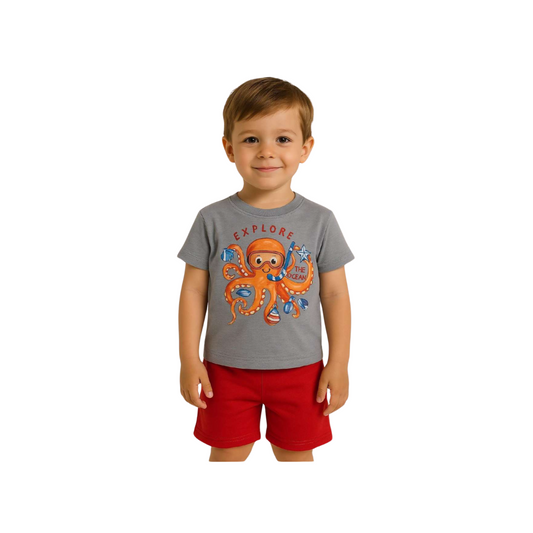 Boys' Summer Set "Explore the Ocean" – Grey & Off-White