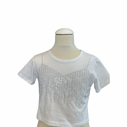 Girls' Crop T-Shirt with Rhinestone Fringe Detail