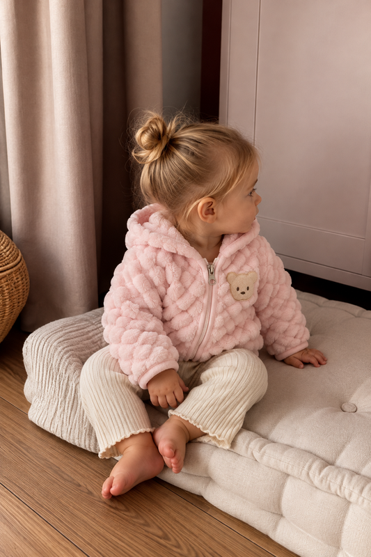 Βρεφική Ζακέτα Fleece με Κουκούλα και Απλικέ Αρκουδάκι