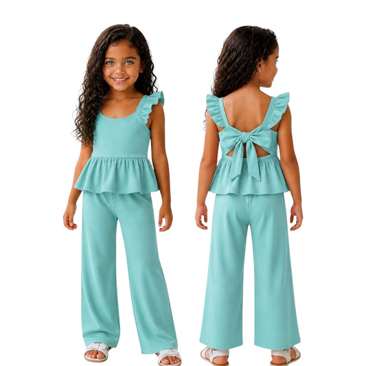 Girls Bow Back Top & Wide Leg Pants Set