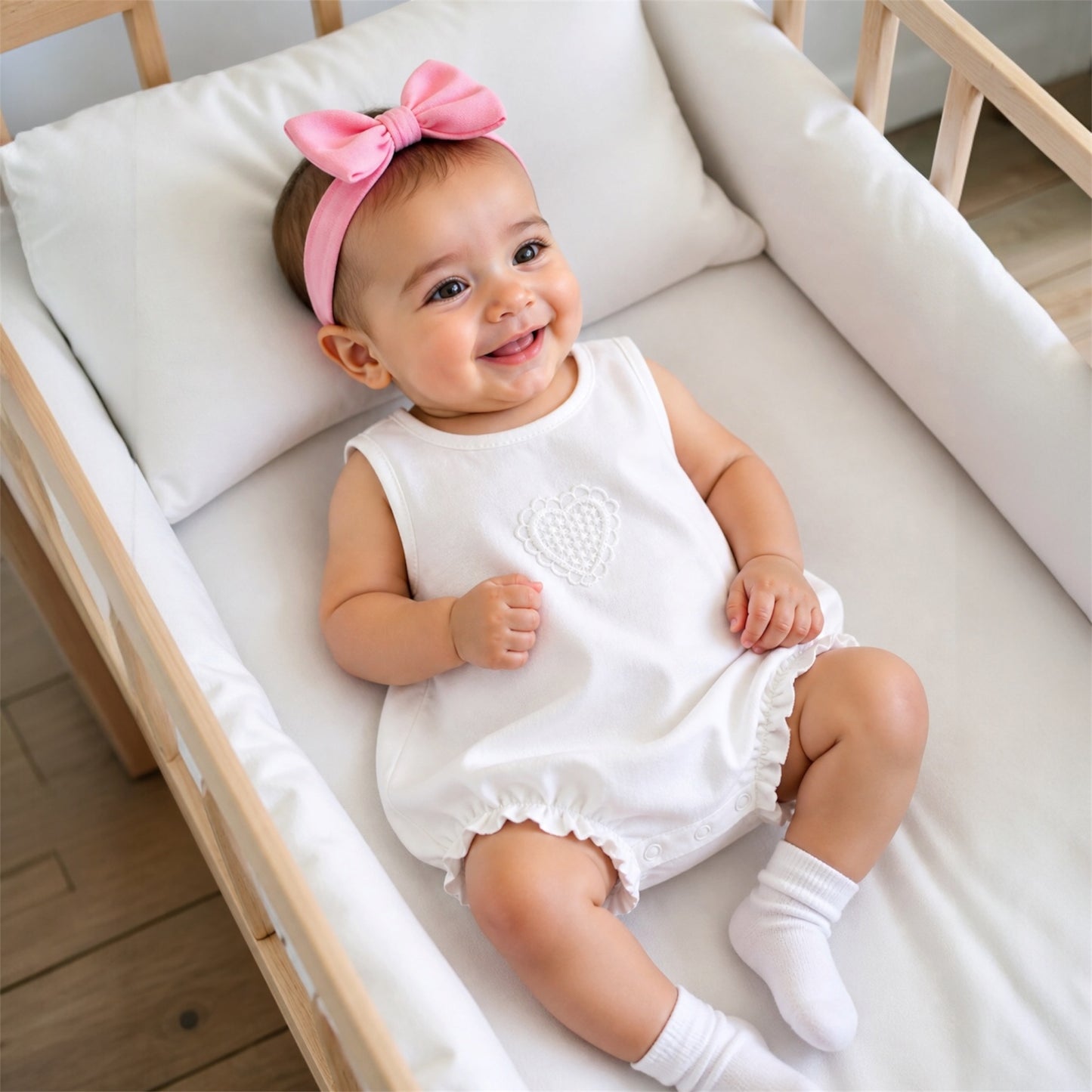 Baby Girl White Romper with Heart Detail
