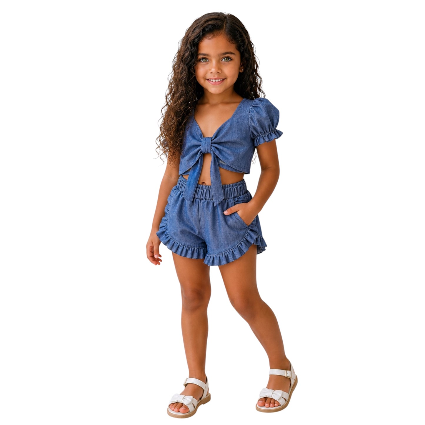 Girls Denim Look Top & Shorts Set