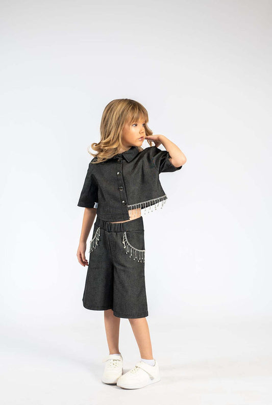 Black Denim Set with Crystal Fringe