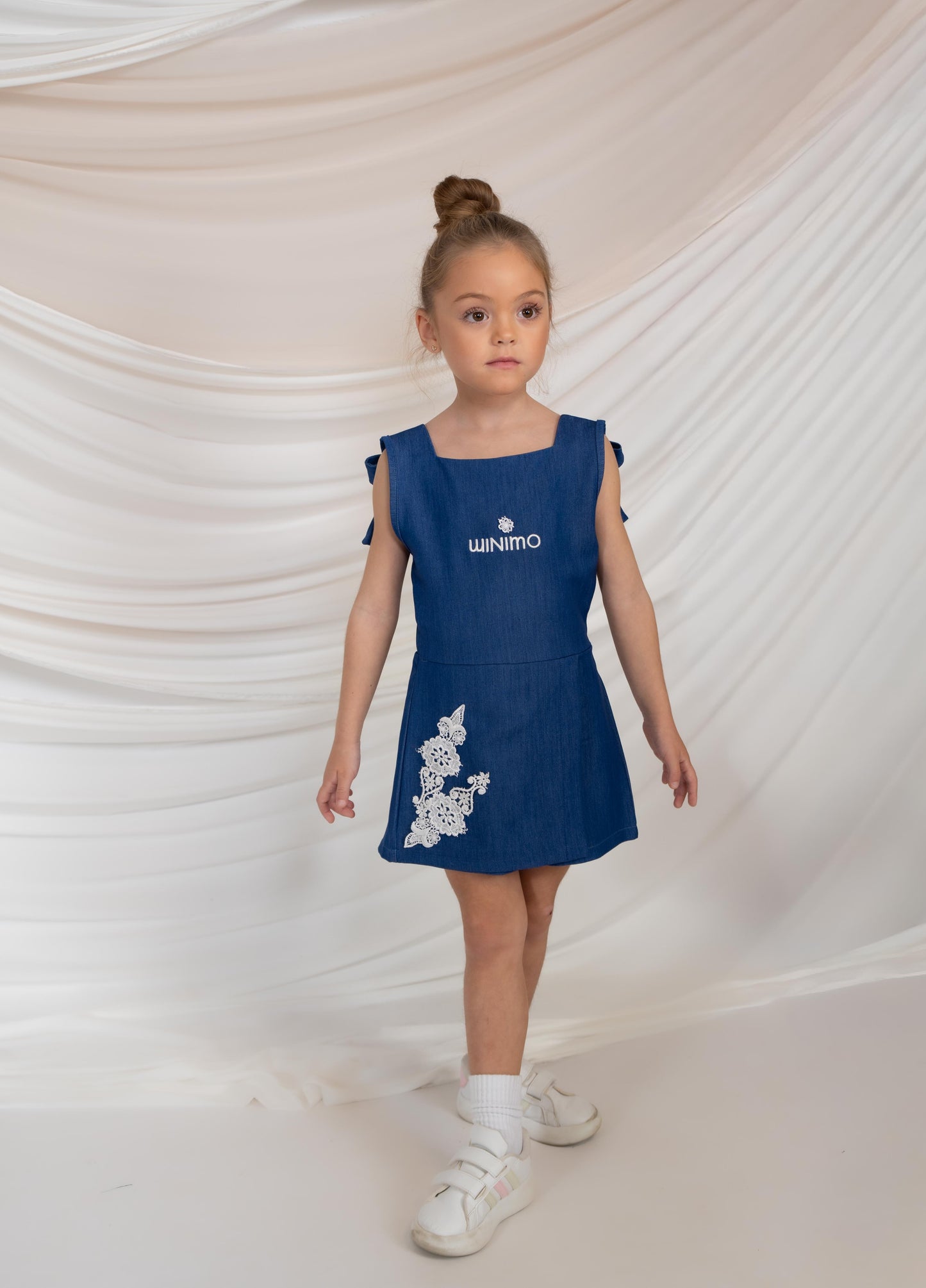 Girls Denim Style Jumpsuit with Embroidery
