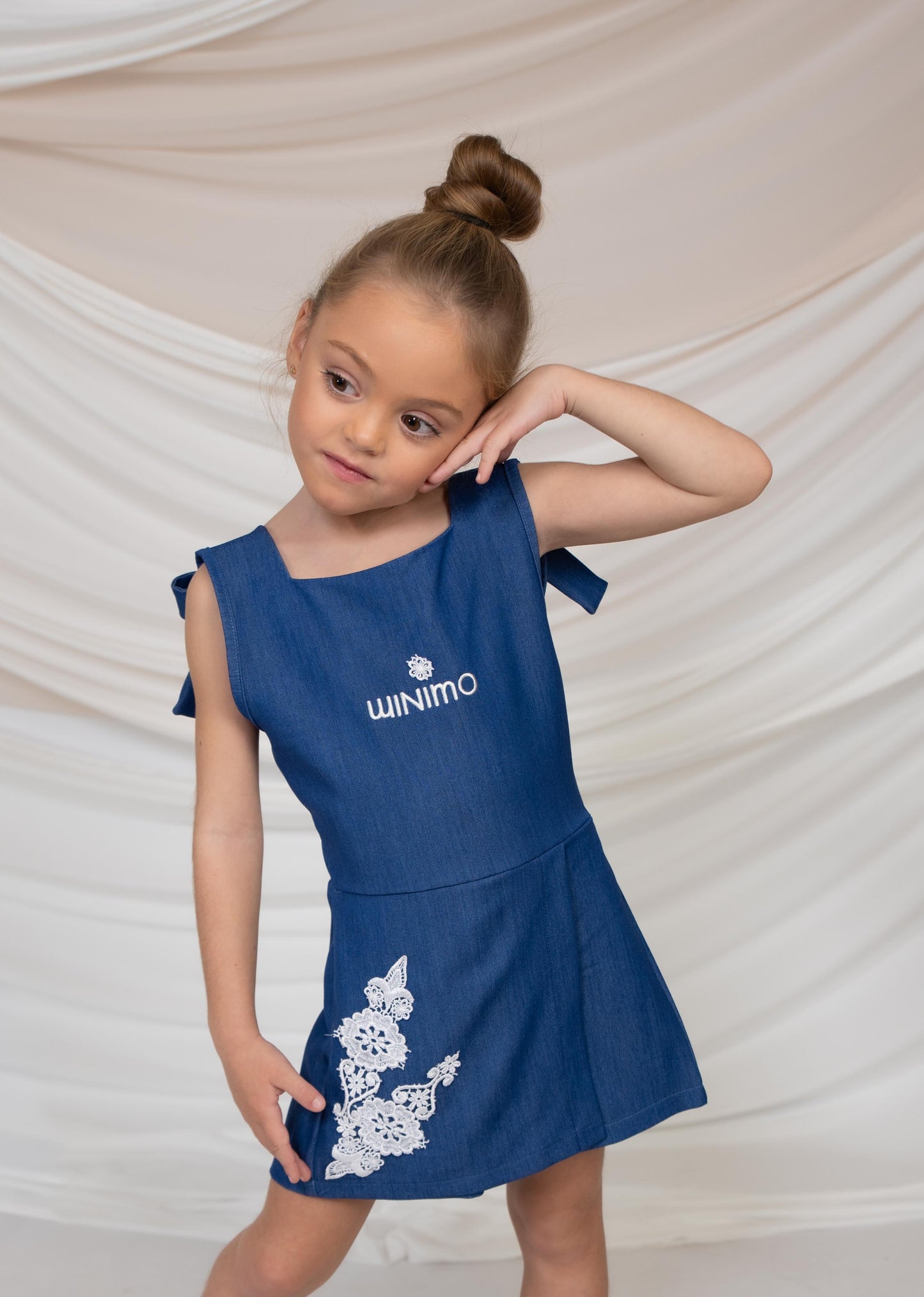 Girls Denim Style Jumpsuit with Embroidery