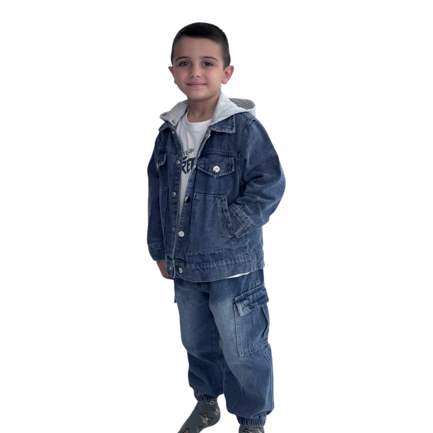 Kids' Denim Cargo Set - Hooded Jacket & Joggers