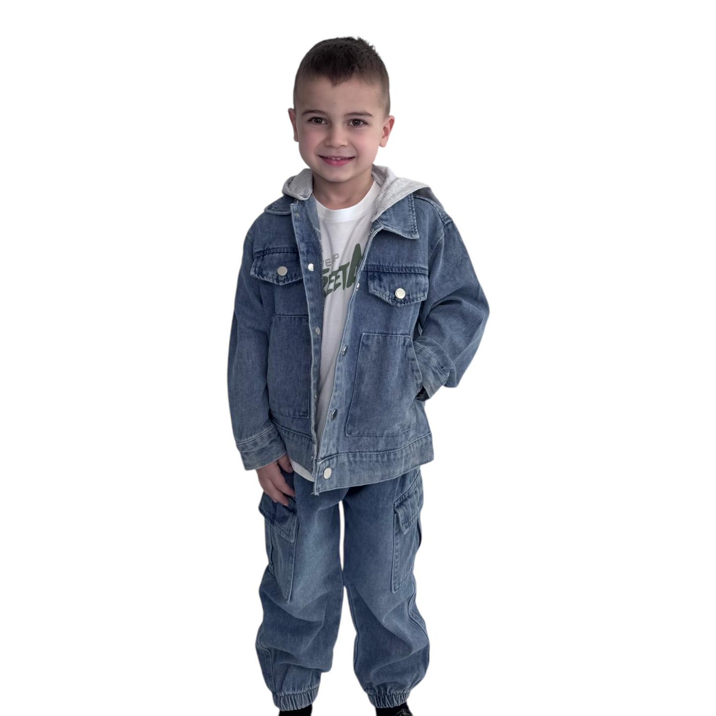 Kids' Denim Cargo Set - Hooded Jacket & Joggers