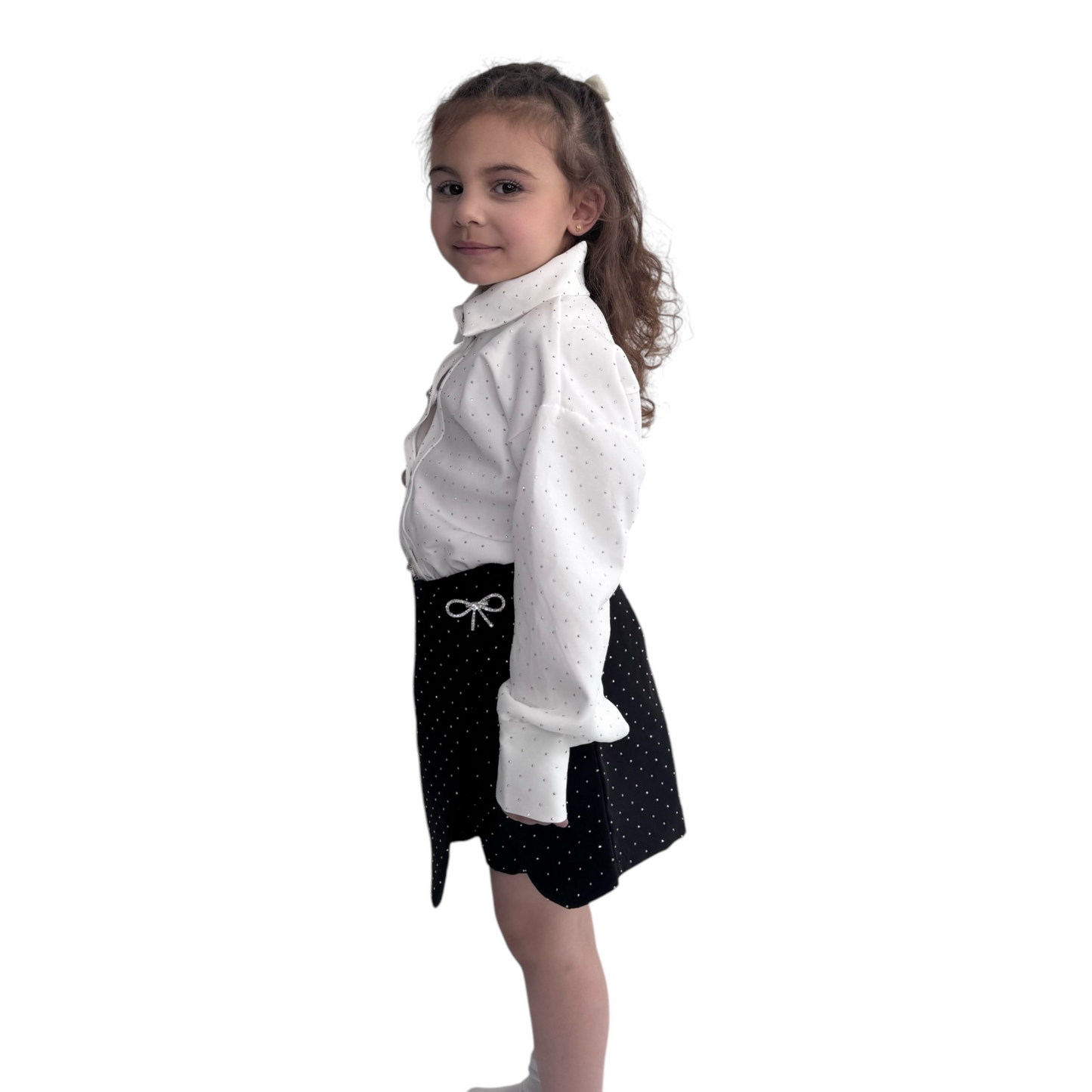 Girls' Elegant Blouse & Skirt Set with Rhinestone Details