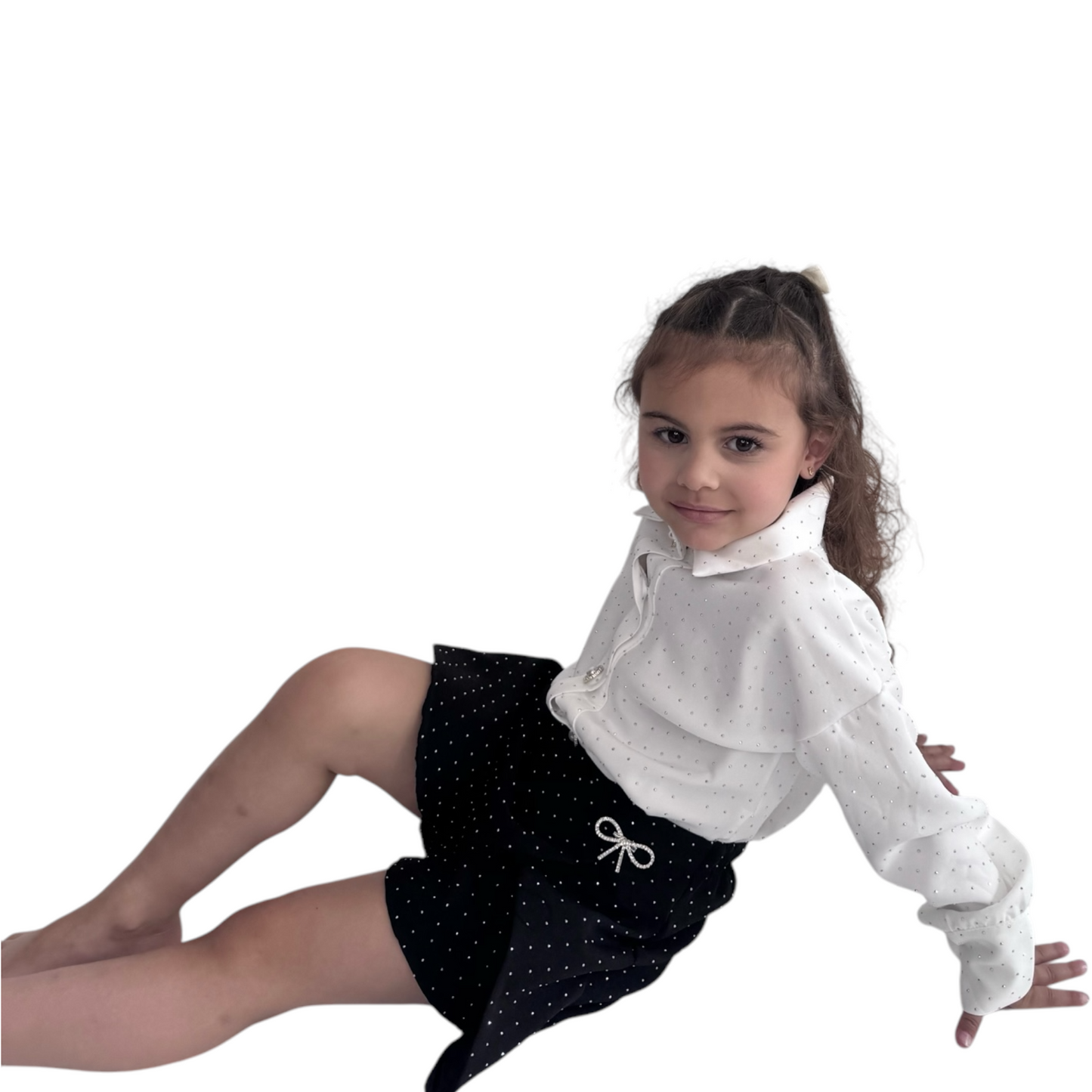 Girls' Elegant Blouse & Skirt Set with Rhinestone Details