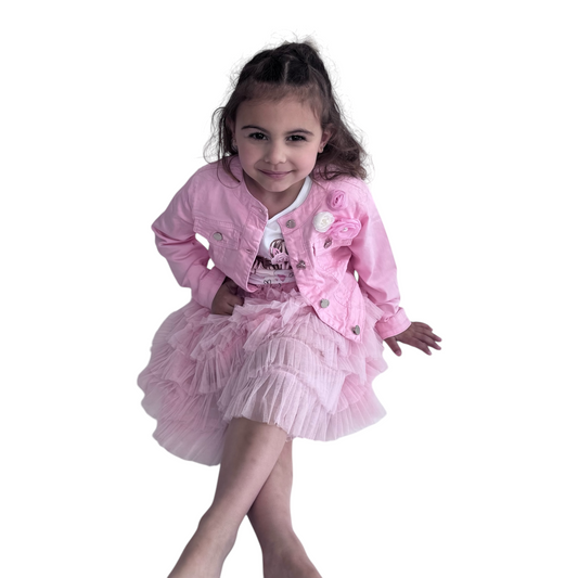 Girls' Pink Ruffle Tulle Skirt & Denim Jacket Set