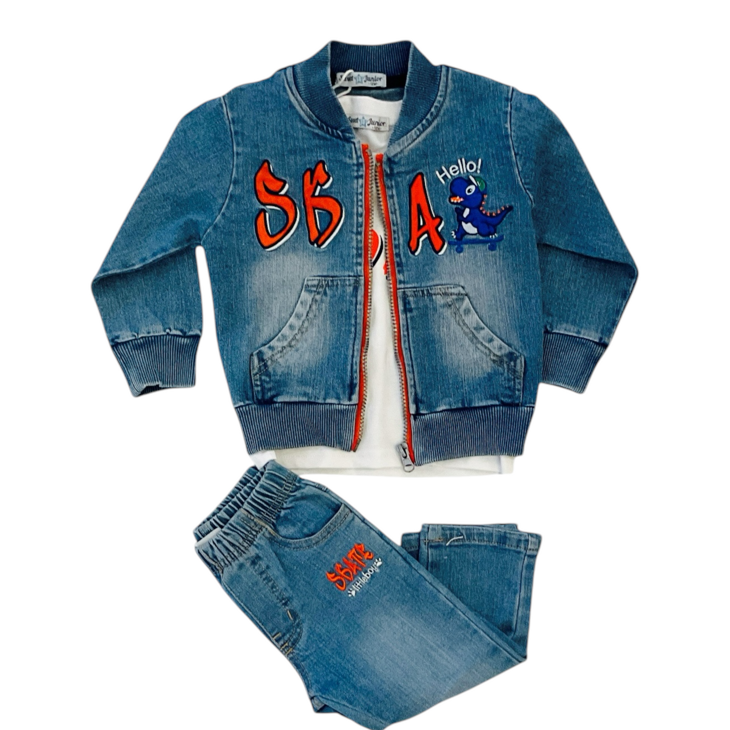 Boys' Denim Bomber Jacket & Jogger Set - Skate Dino Design