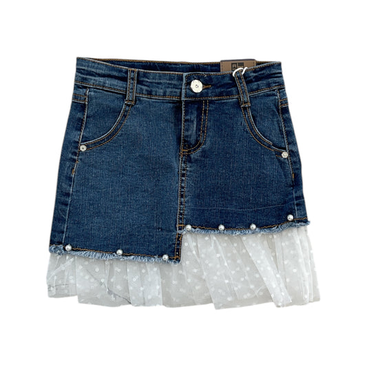 Girls' Denim Skirt with Tulle & Pearl Details