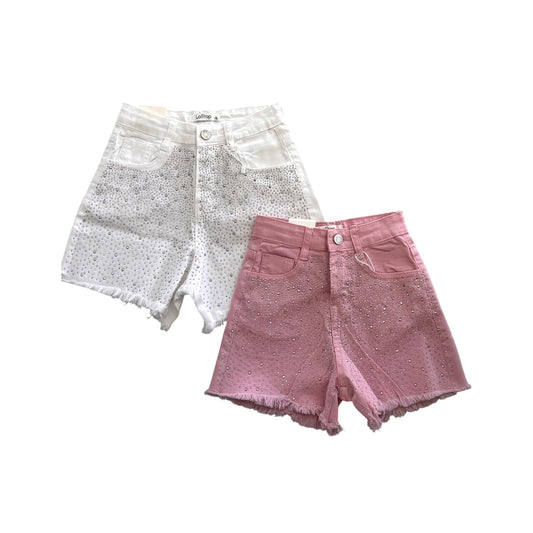 Girls' Denim Shorts with Studs – White & Pink