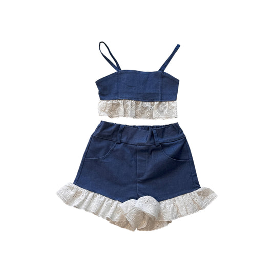 Girls' Summer Set with Lace – Denim Blue & Pink