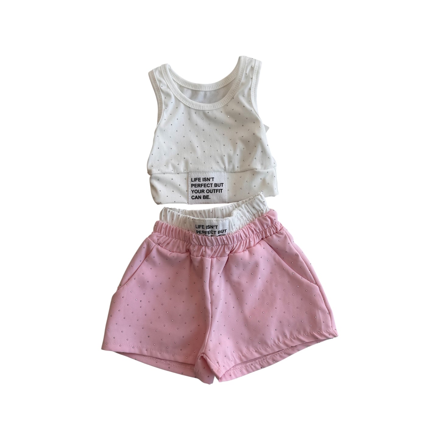 Baby's Summer Set – Shiny Shorts & Ribbed Top – Blue, Beige & Pink