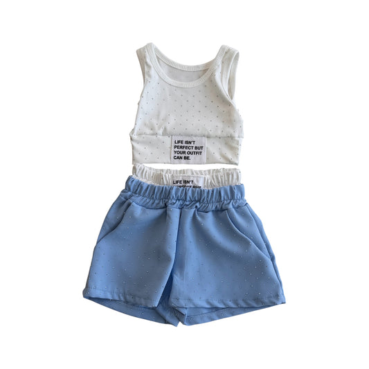 Baby's Summer Set – Shiny Shorts & Ribbed Top – Blue, Beige & Pink