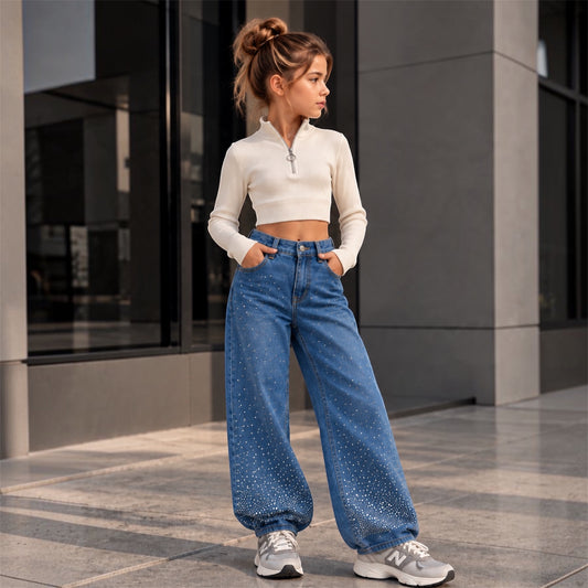 Παιδικό Τζιν Παντελόνι Wide Leg με Στρας