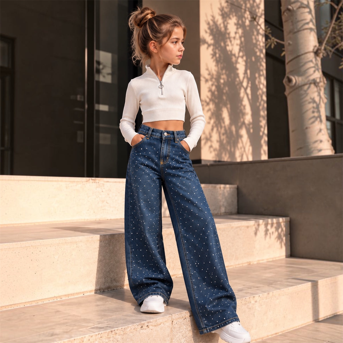 Παιδικό Τζιν Παντελόνι Wide Leg με Στρας