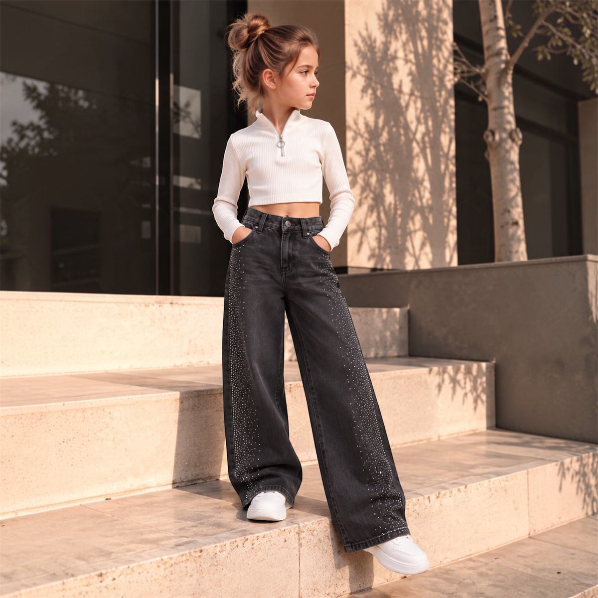 Παιδικό Μαύρο Τζιν Παντελόνι Wide Leg με Στρας