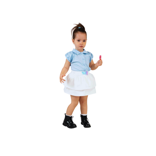 Girls' Shirt & Layered Skirt Set – Blue & White