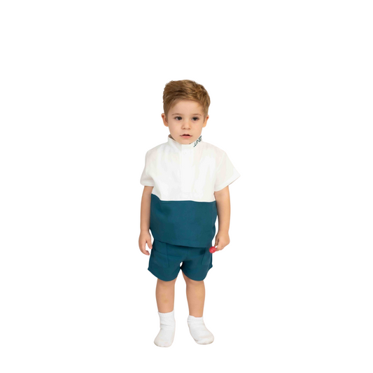 Boys' Shirt & Shorts Set – White & Teal