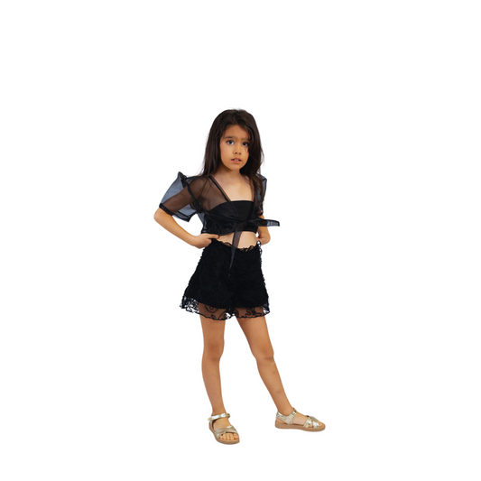 Girls' Black Set – Sheer Top & Textured Floral Shorts