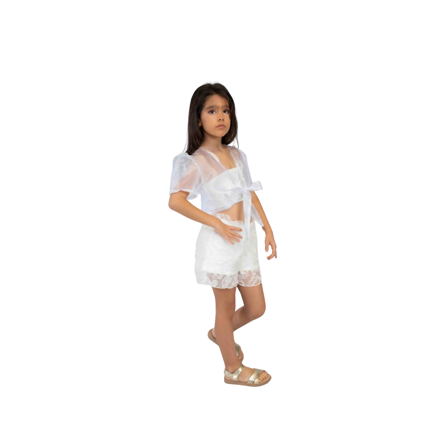 Girls' Sheer Top & Floral Shorts Set – White
