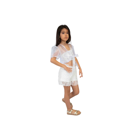 Girls' Sheer Top & Floral Shorts Set – White