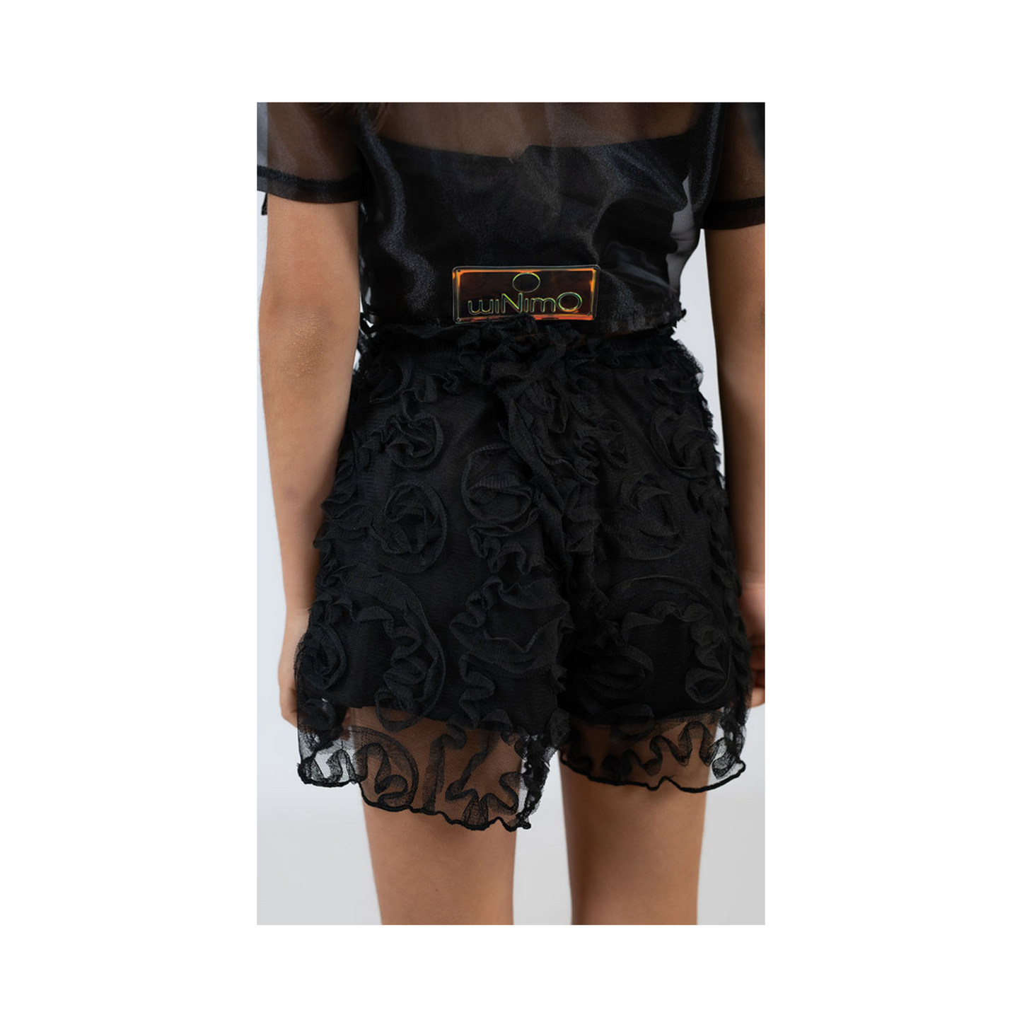 Girls' Black Set – Sheer Top & Textured Floral Shorts