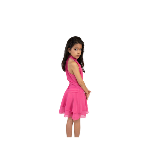 Girls' Ruffle Dress with Shoulder Bow – Fuchsia